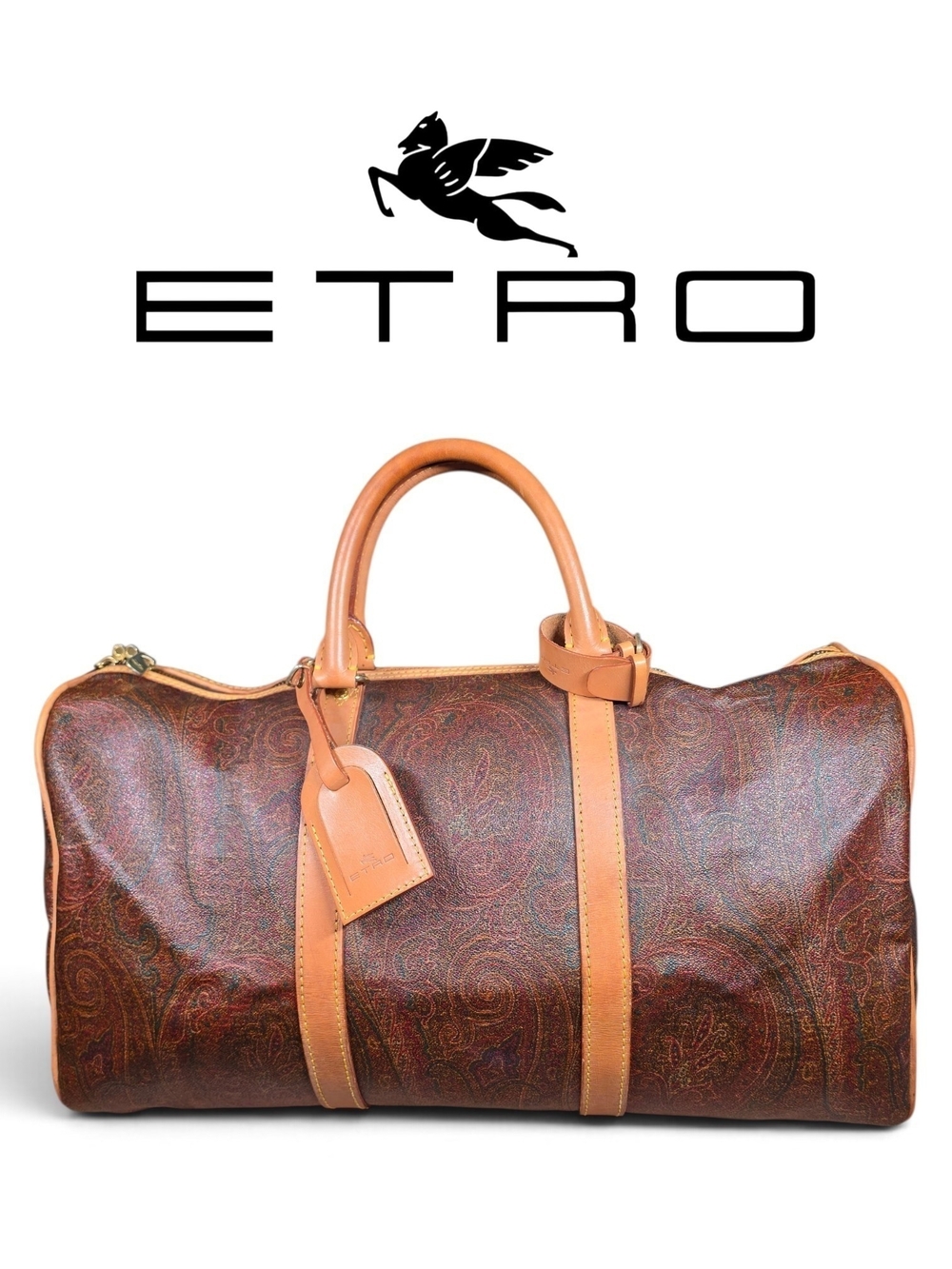Etro Paisley Boston Weekender Travel Bag w/ Tan Leather Trim (Retail $1790)